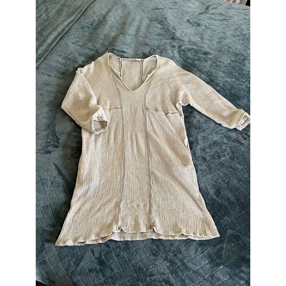 Zara Trafaluc Beige Textured Gauze Tunic Dress V-Neck Openwork Detail Medium